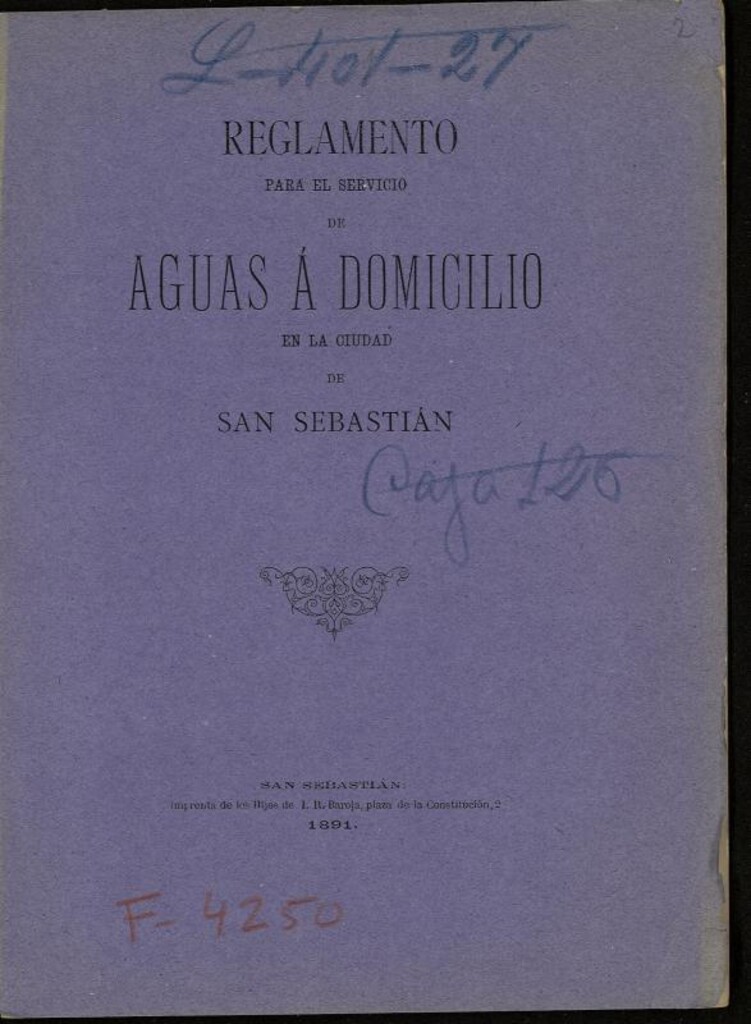 Miniatura de Reglamento para el servicio de aguas a domicilio en la Ciudad de San Sebastian
