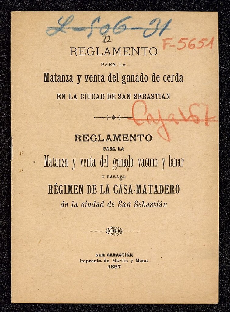 Miniatura de Reglamento para la matanza y venta del ganado vacuno y lanar, y para el régimen de la Casa-Matadero de la ciudad de San Sebastian