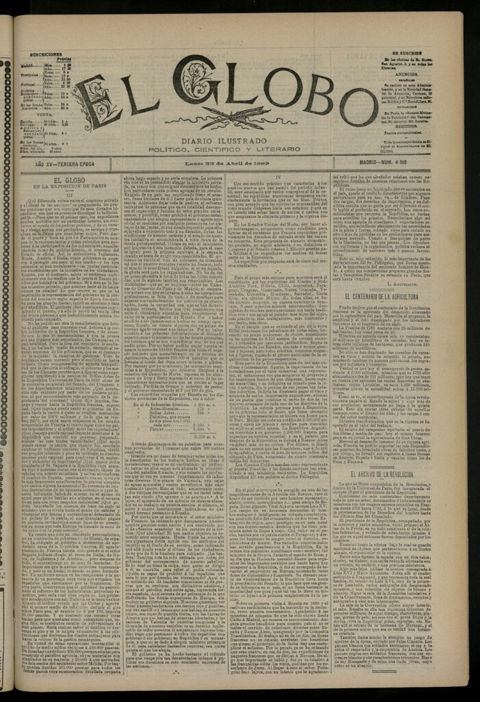 Miniatura de El Globo : diario ilustrado del 22 de abril de 1889, nº 4918