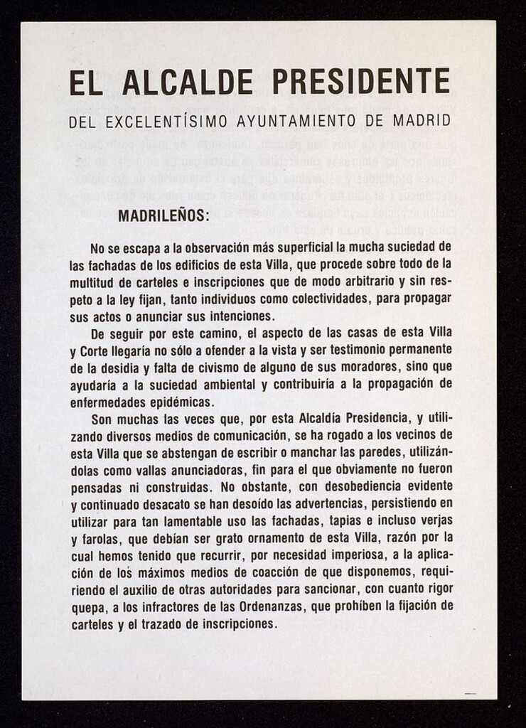 Miniatura de Bando sobre la suciedad en las fachadas de los edificios madrileños