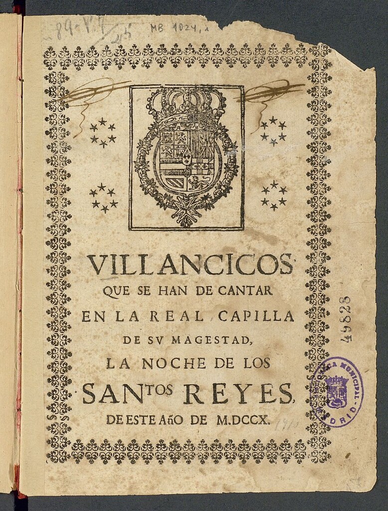 Miniatura de Villancicos que se han de cantar en la Real Capilla de su Magestad, la noche de los Santos Reyes de este año de MDCCX