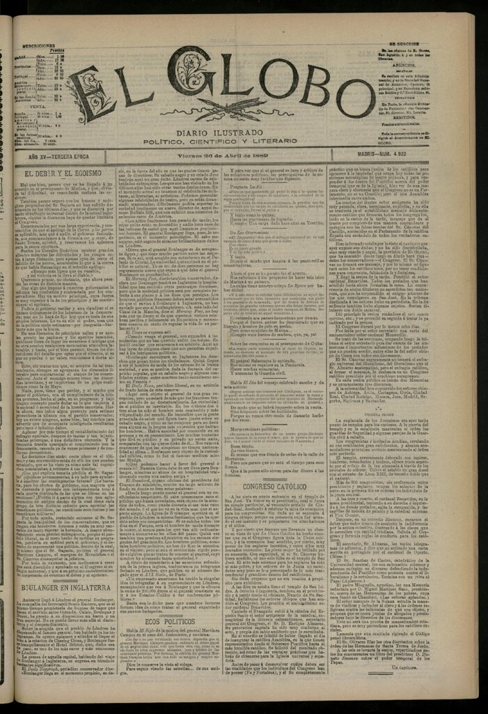 Miniatura de El Globo : diario ilustrado del 26 de abril de 1889, nº 4922