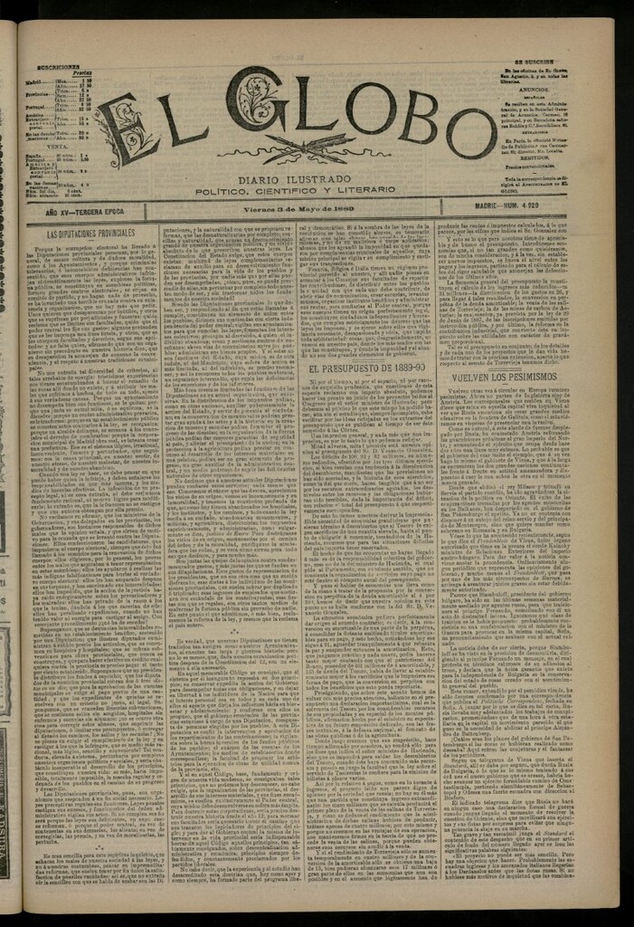 Miniatura de El Globo : diario ilustrado del 3 de mayo de 1889, nº 4929