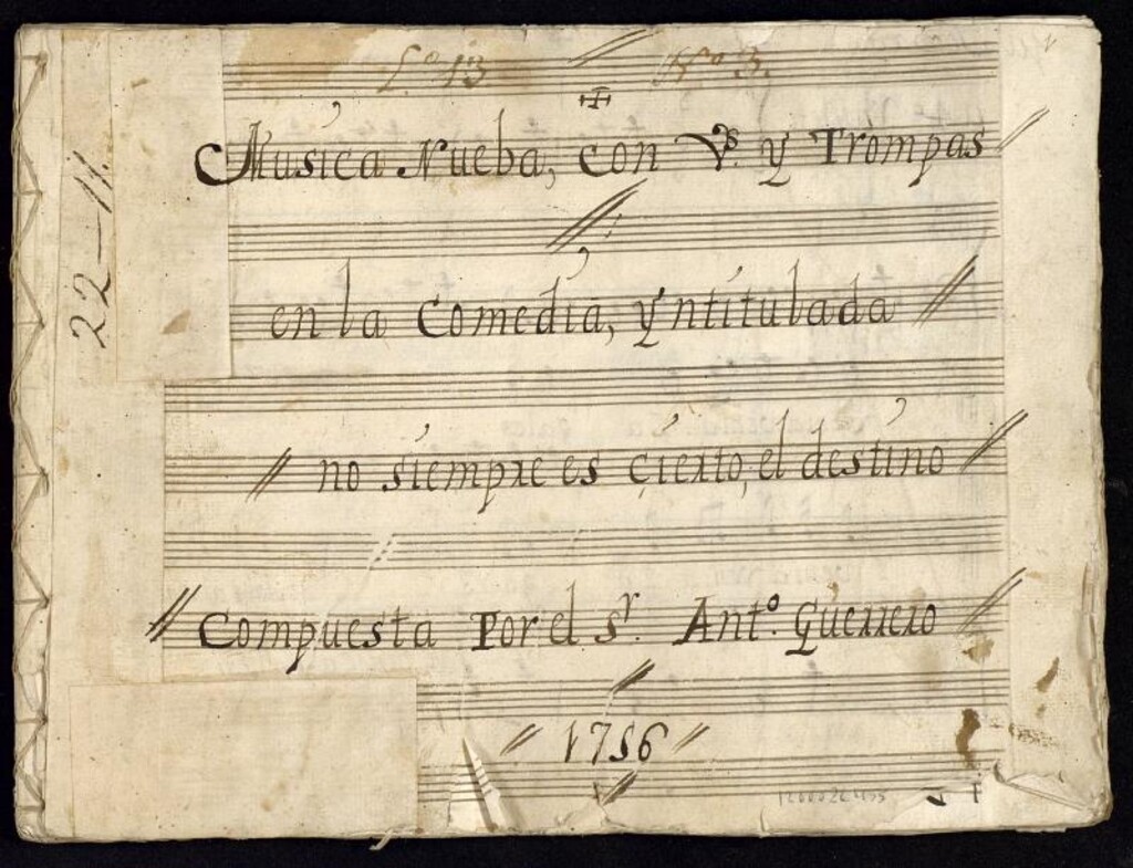 Miniatura de Musica nueba con v[ioline]s y trompas en la comedia, yntitulada No siempre es cierto el destino