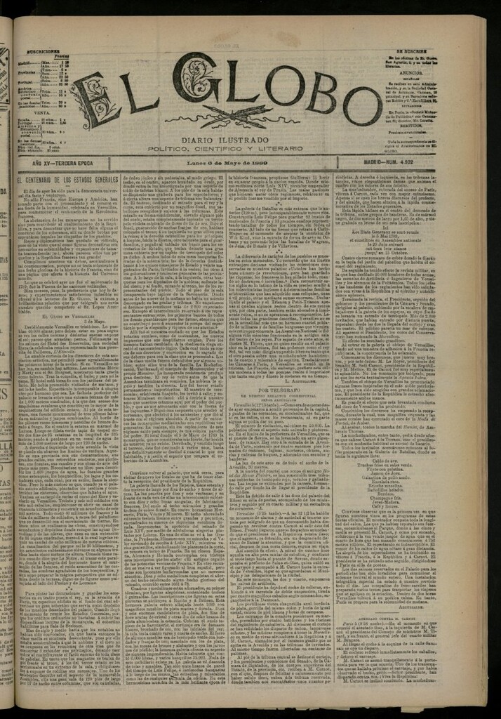 Miniatura de El Globo : diario ilustrado del 6 de mayo de 1889, nº 4932