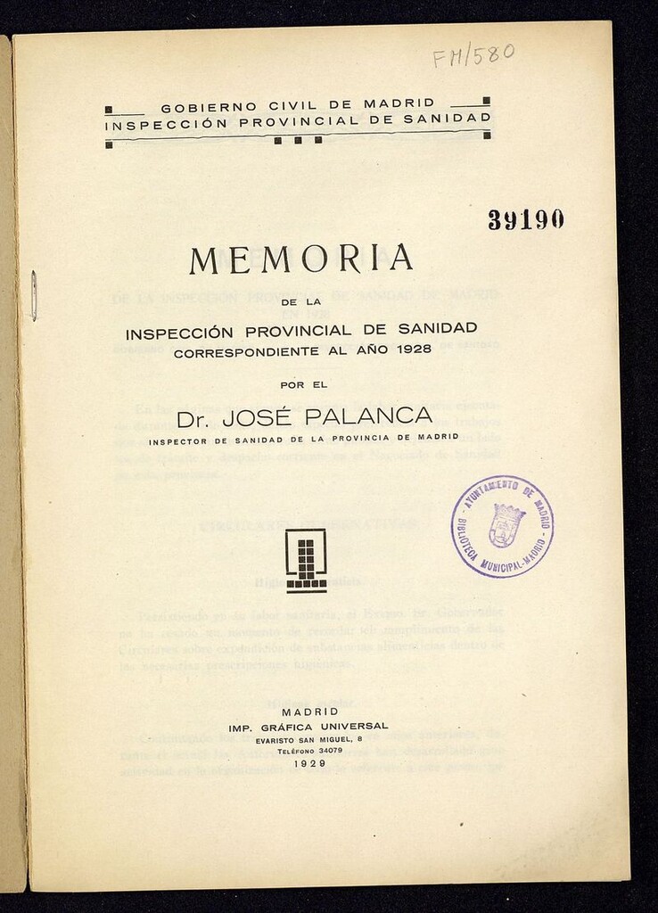 Miniatura de Memoria de la inspección provincial de sanidad correspondiente al año 1928 por el Dr. José Palanca, inspector de sanidad de la provincia de Madrid.