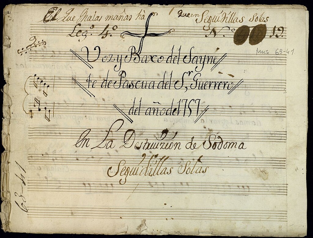 Miniatura de Voz y baxo del saynete de Pascua del Sr. Guerrero del año de 1757 en La destruzión de Sodoma