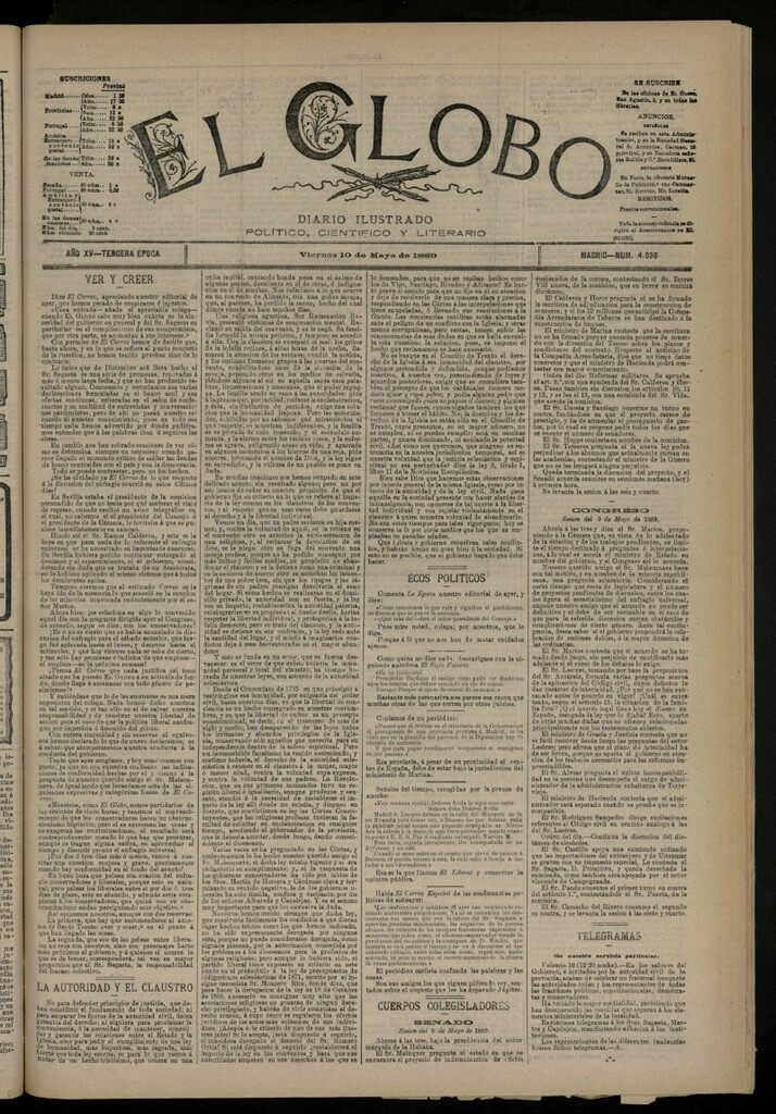 Miniatura de El Globo : diario ilustrado del 10 de mayo de 1889, nº 4936