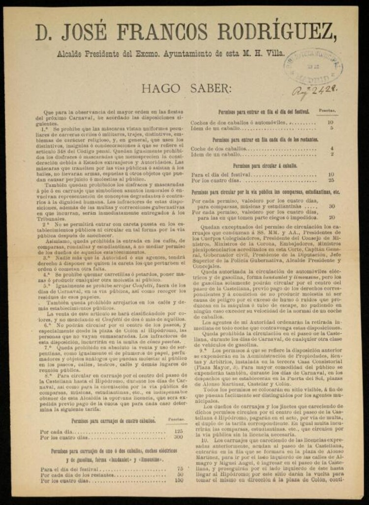 Miniatura de Bando del Alcalde D. José Francos Rodríguez dictando disposiciones sobre el Carnaval