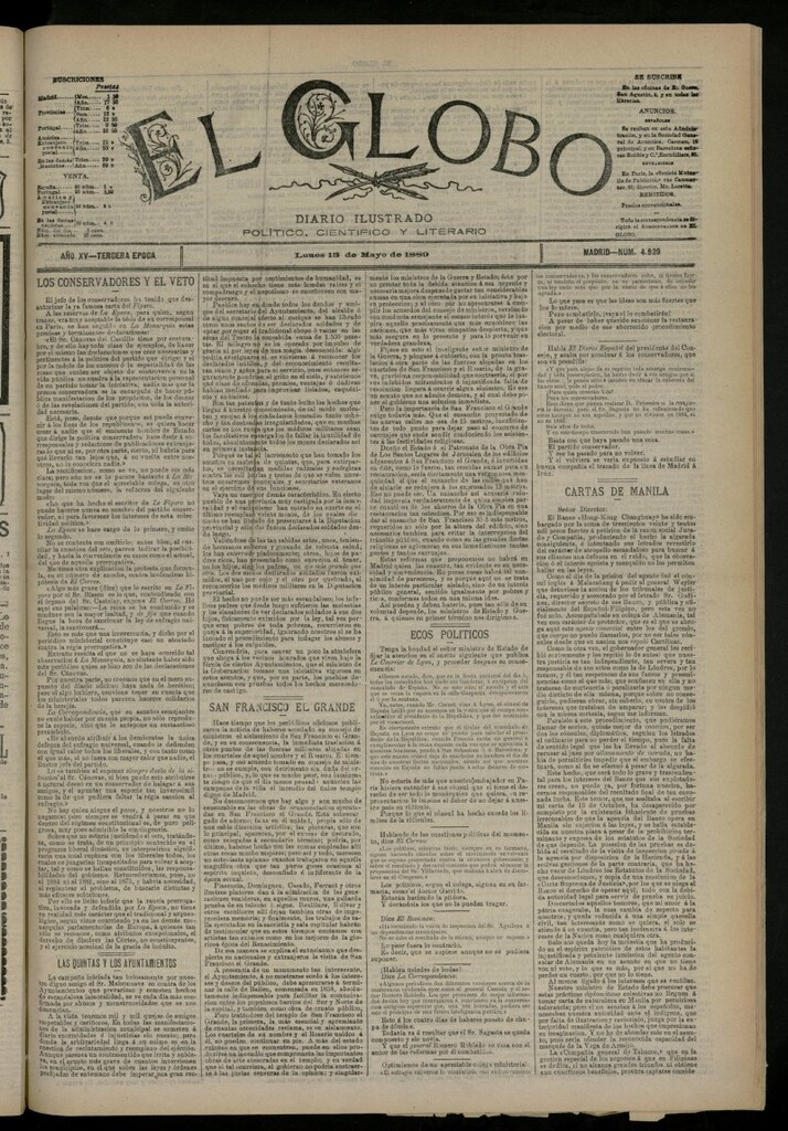 Miniatura de El Globo : diario ilustrado del 13 de mayo de 1889, nº 4939