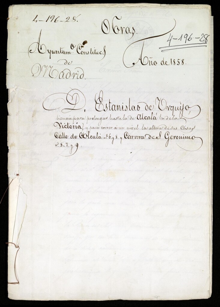 Miniatura de Solicitud de D. Estanislao de Urquijo de licencia de de obras para prolongar hasta la calle Alcalá [...] de la Victoria para correr a un nivel de altura de sus casas calle Alcala números 2, 6 y 8 y Carrera de san Jeronimo 5, 7 y 9