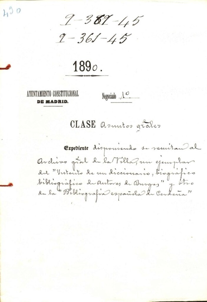 Miniatura de Expediente disponiendo se remitan al Archivo general de la Villa, un ejemplar del "Intento de un diccionario, biográfico bibliográfico de Autores de Burgos" y otro de la "Bibliografía española de Cerdeña".
