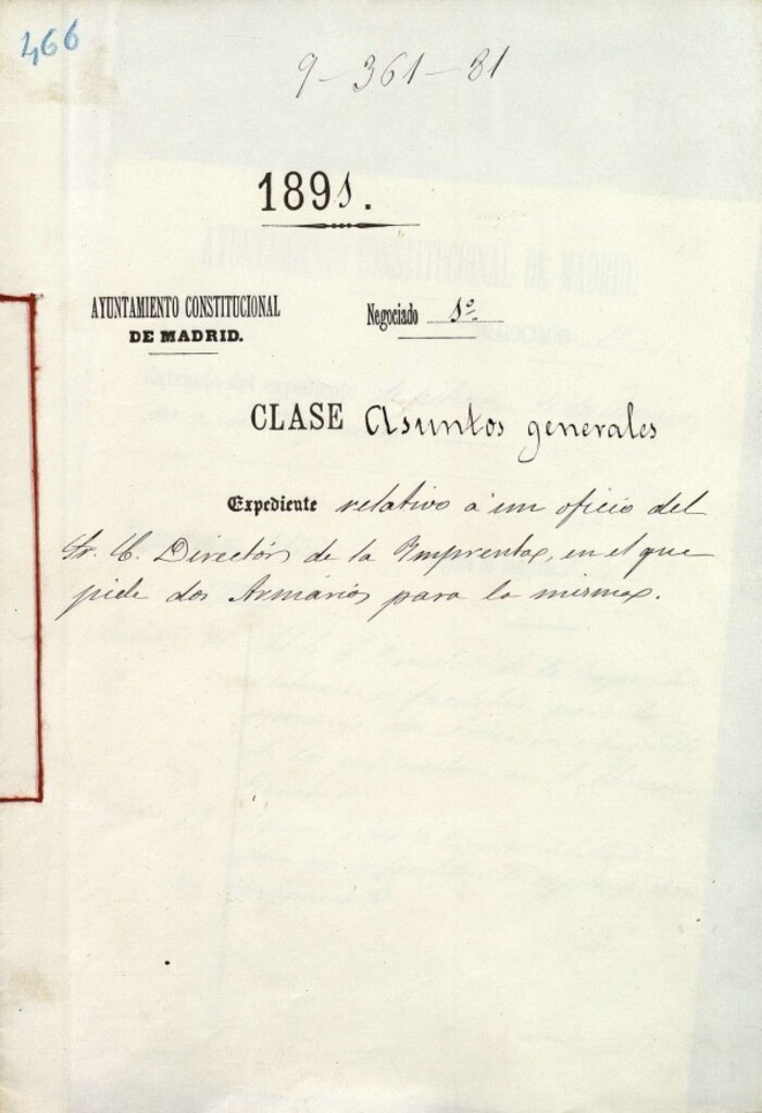 Miniatura de Expediente relativo a un oficio del Sr. Director de la Imprenta, en el que se pide dos armarios para las mismas.
