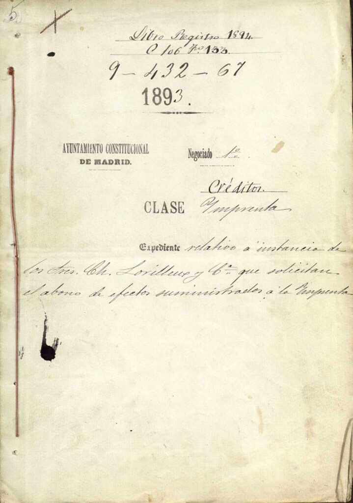 Miniatura de Expediente relativo a instancia de los Señores Ch. Lorillera y Compañía que solicitan el abono de efectos suministrados a la Imprenta.