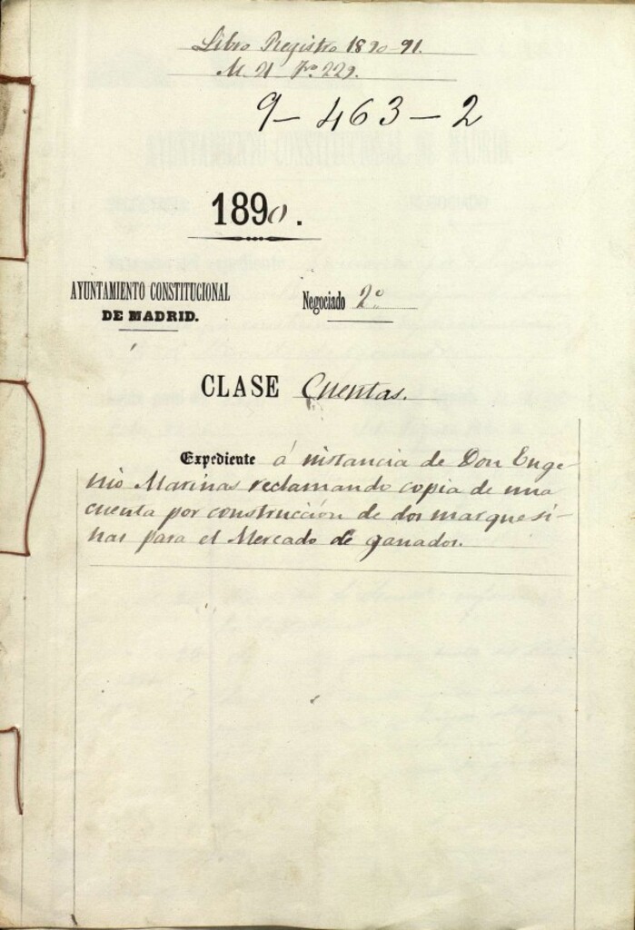 Miniatura de Expediente a instancia de Don Eugenio Marinas reclamando copia de una cuenta por una construcción de dos marquesinas para el Mercado de ganados.