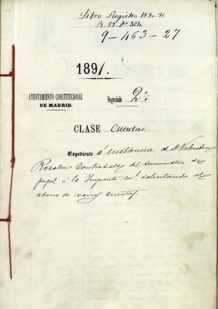 Miniatura de Expediente a instancia de Don Valentín Rosalen Contratista del suministro de papel para la Imprenta y Litografía Municipal solicitando el abono de varias cuentas de dicho suministro.