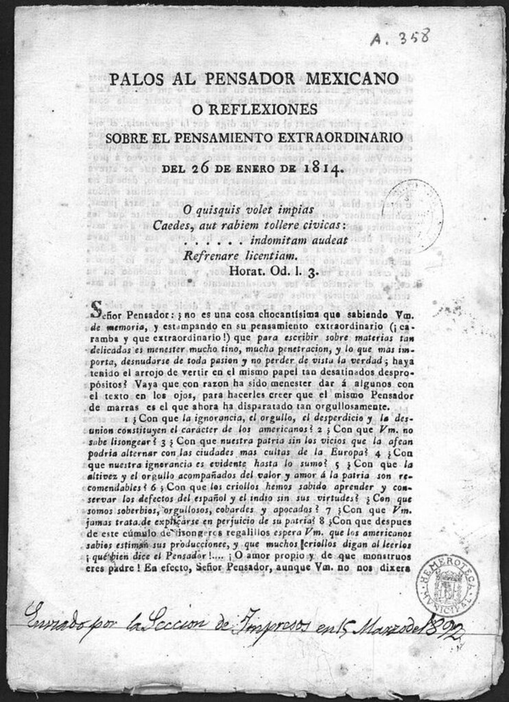 Miniatura de Palos al Pensador Mexicano o reflexiones sobre el pensamiento extraordinario del 26 de enero de 1814