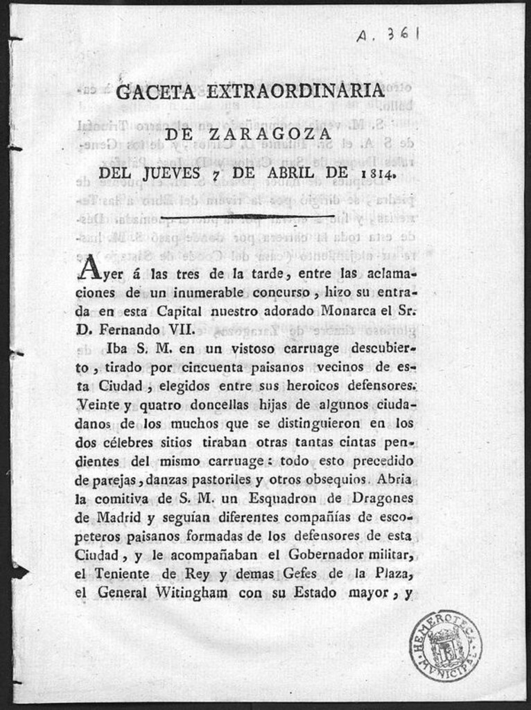 Miniatura de Gaceta extraordinaria de Zaragoza del jueves 7 de abril de 1814