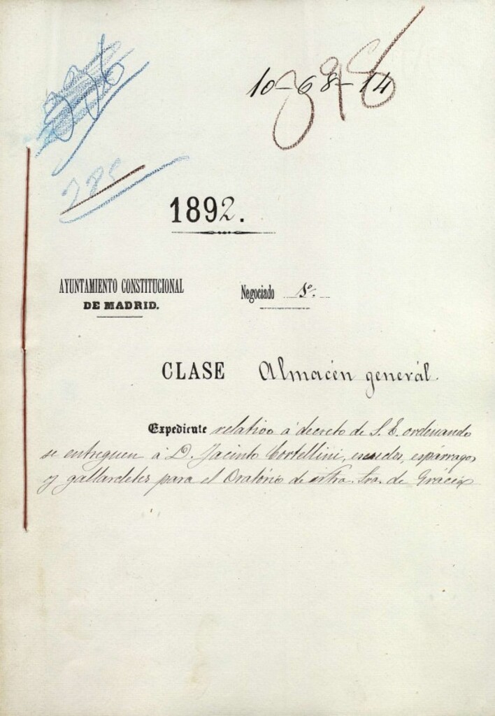 Miniatura de Expediente relativo a decreto de S. A. ordenando se entreguen a D. Jacinto Cortellini, escudos, espárragos y gallardetes para el Oratorio de Nuestra Señora de Gracia.