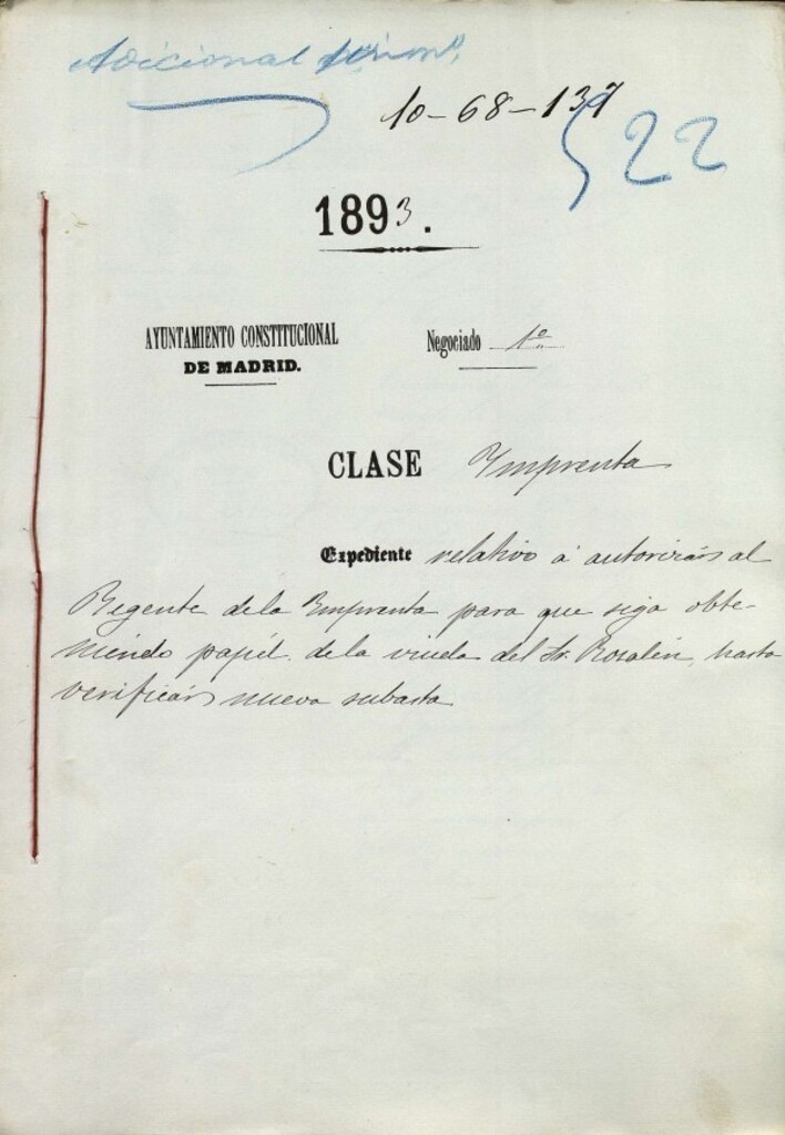 Miniatura de Expediente relativo a autorizar al Regente de la Imprenta para que siga obteniendo papel de la viuda del Sr. Rozalén hasta verificar nueva subasta.