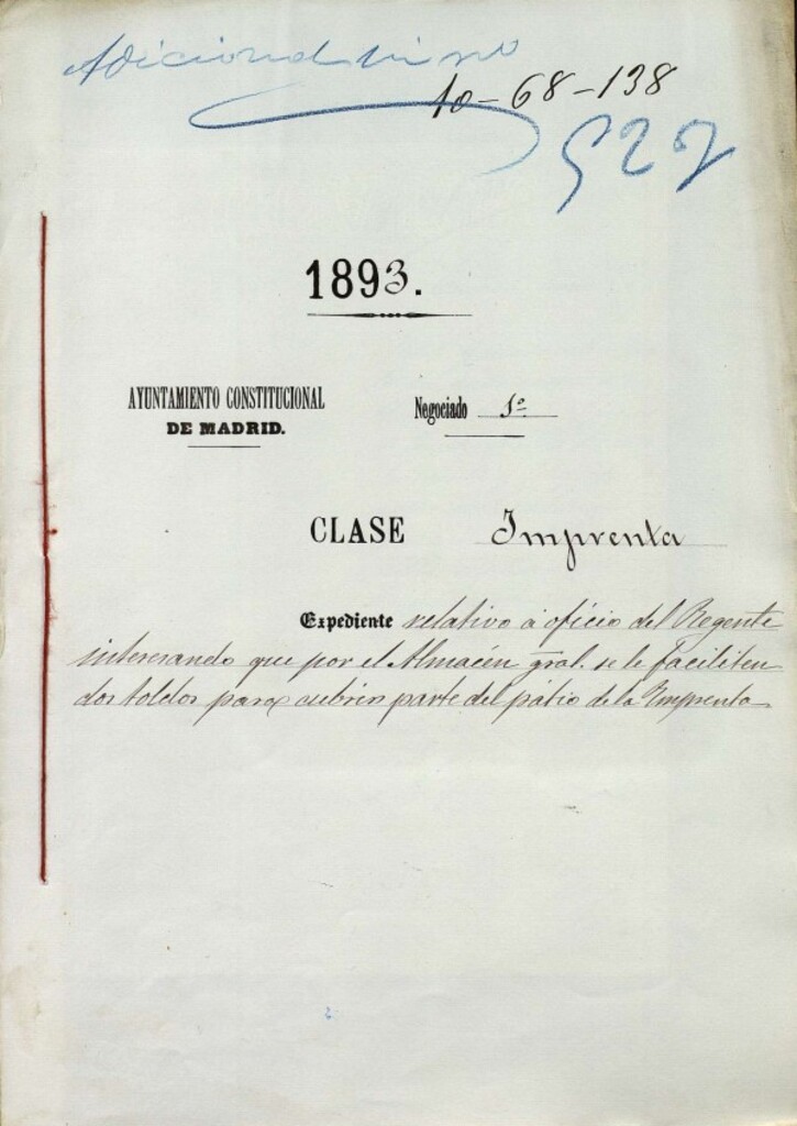 Miniatura de Expediente relativo a oficio del Regente interesando que por el Almacén general se le faciliten dos toldos para cubrir parte del patio de la Imprenta.