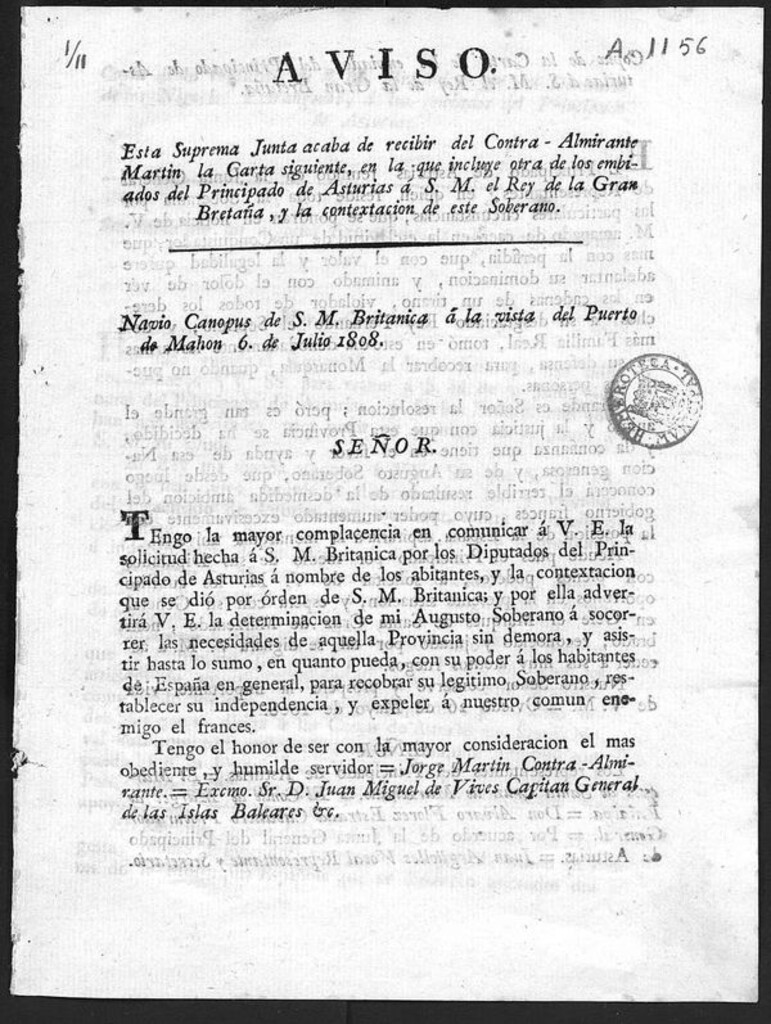Miniatura de Aviso: esta Suprema Junta acaba de recibir del contra almirante Martín la carta siguiente , en la que incluye otra de los enviados del Principado de Asturias à S.M el Rey de la Gran Bretaña, y la contextación de este Soberano.