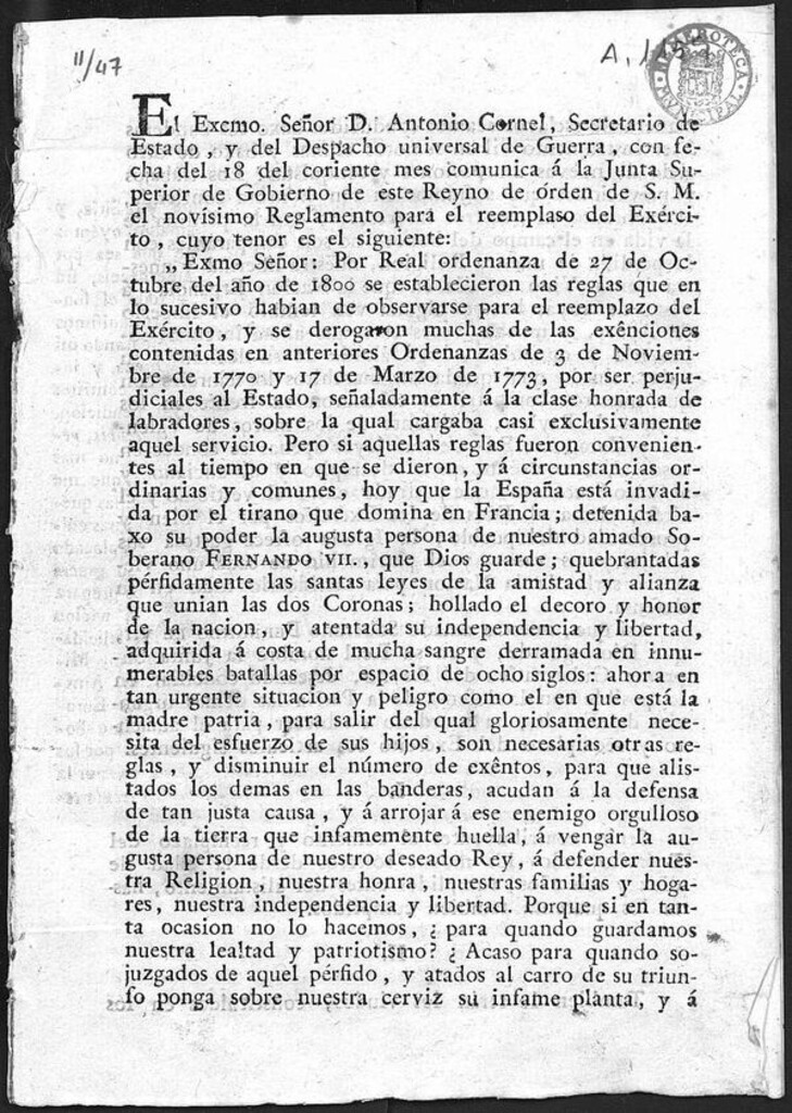 Miniatura de El excmo. Sr. D. Antonio Cornel, Secretario de Estado , y Despacho universal de Guerra, con fecha del 18 del corriente mes comunica à la Junta Suprema de Gobierno de este Reyno de órden de S.M el novisimo Reglamento para el reemplazo del Exército , cuyo tenor es el siguiente [...]