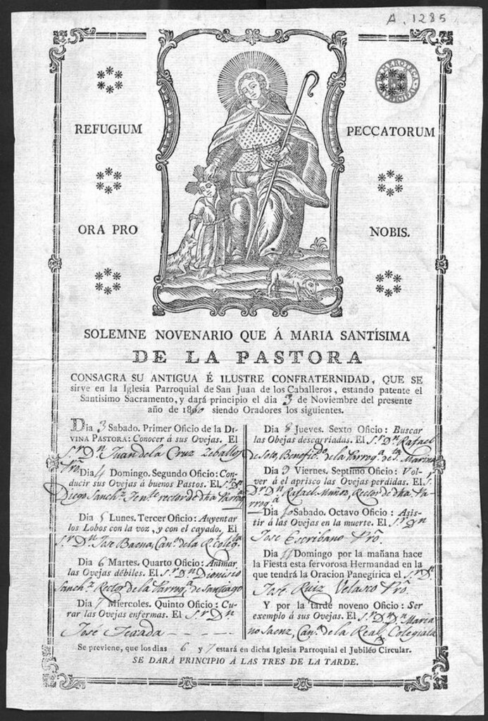 Miniatura de Solemne novenario que á María Santísima de la Pastora consagra su antigua é ilustre confraternidad, que se sirve en la Iglesia Parroquial de San Juan de los Caballeros....