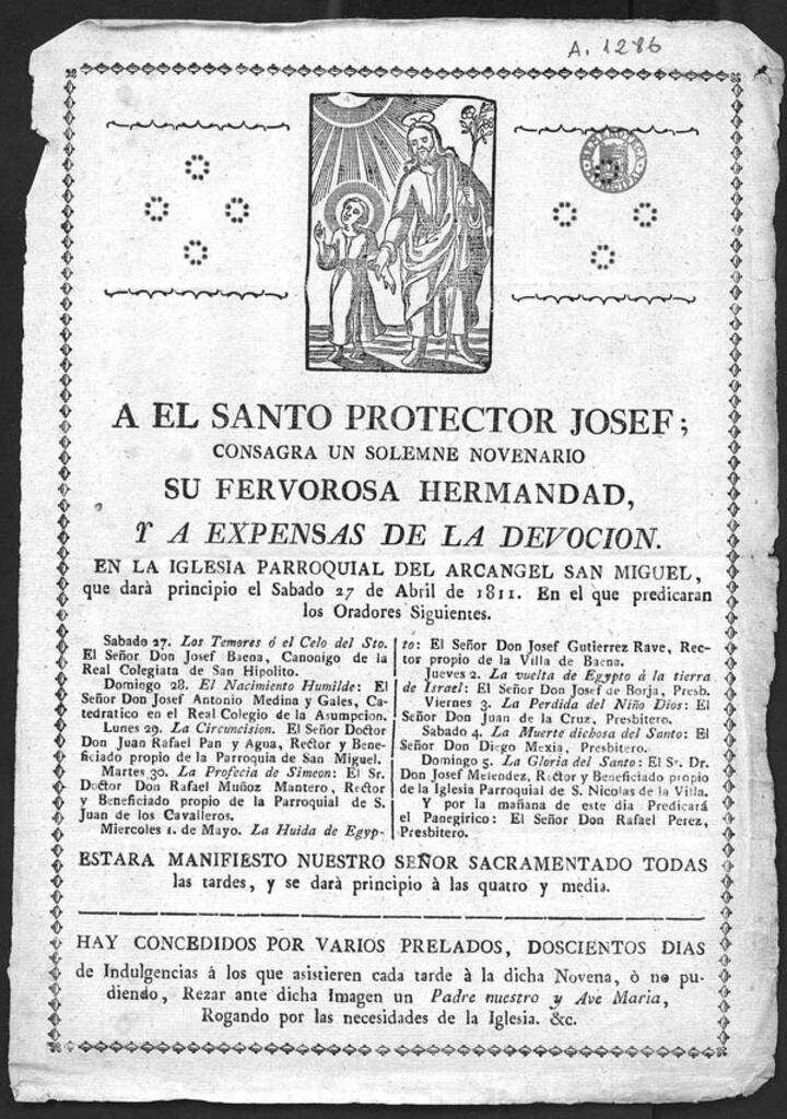 Miniatura de A el Santo Protector Josef consagra un solemne novenario su fervorosa Hermandad [...] / J.M.G