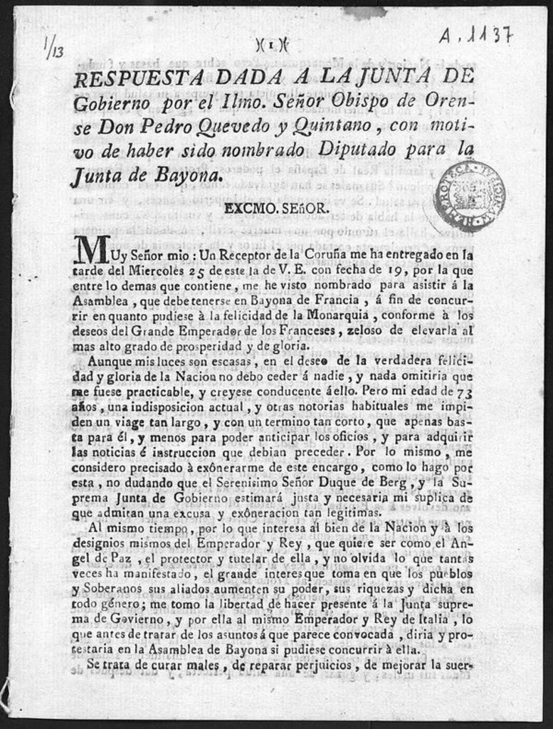 Miniatura de Respuesta dada a la Junta de Gobierno por el Ilmo. Señor Obispo de Orense Don Pedro Quevedo y Quintano, con motivo de haber sido nombrado Diputado para la Junta de Bayona.