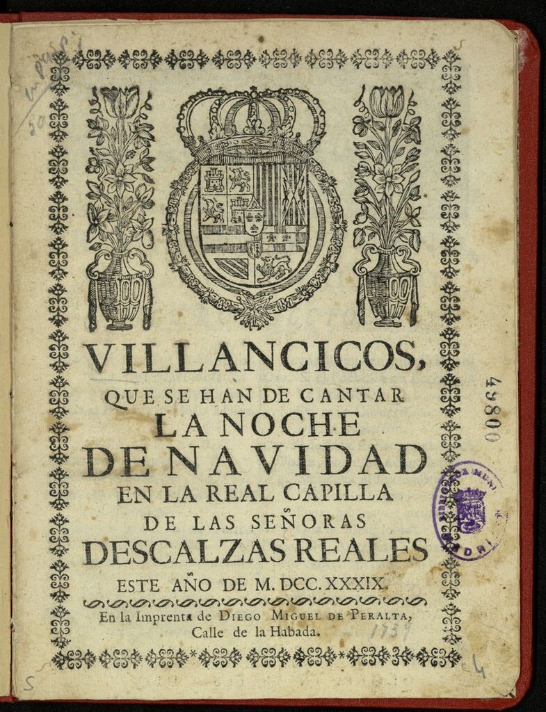 Miniatura de Villancicos que se han de cantar la noche de Navidad en la Real Capilla de las señoras de las Descalzas Reales, este año de MDCCXXXIX