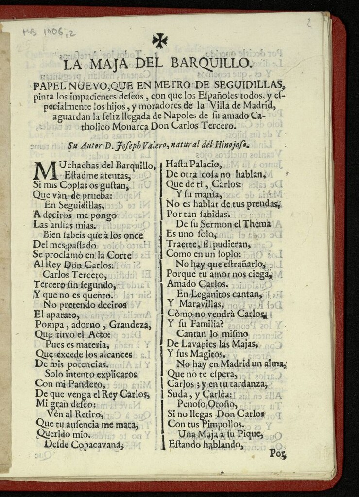 Miniatura de La maja del Barquillo: papel nuevo, que en metro de seguidillas, pinta los impacientes deseos, con que los españoles todos y especialmente los hijos, y moradores de la Villa de Madrid, aguardan la feliz llegada de Napoles de su amado Catholico Monarca Carlos Tercero / su autor D. Joseph Valero, natural del Hinojoso