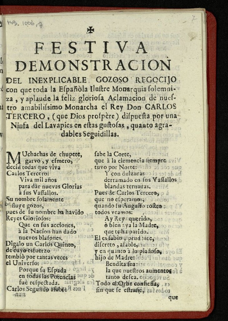 Miniatura de Festiva demostración del inexplicable gozoso regocijo con que toda la Españòa ilustra Momarquia solemniza, y aplaude la felìz gloriosa Aclamacion de nuestro amabilìssimo Monarcha el Rey Don Carlos Tercero, dispuesta por una ninfa de Lavapies en estas... quatro agradables seguidillas