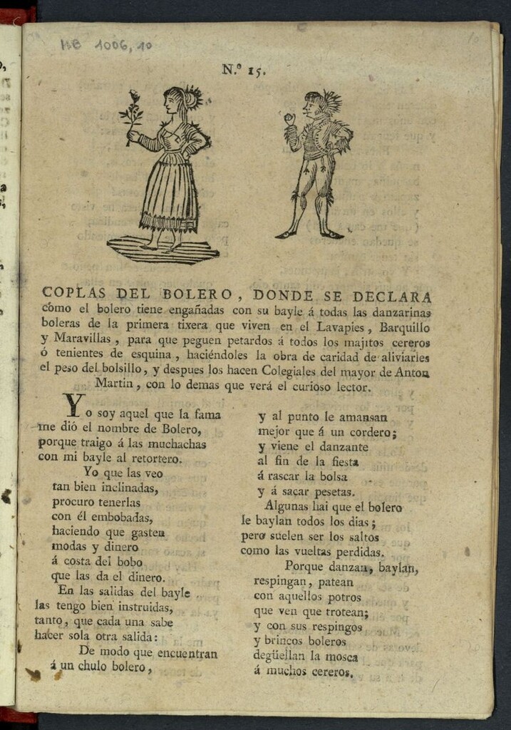 Miniatura de Coplas del bolero, donde se declara como el blero tiene engañadas con su bayle a todas las danzarinas boleras de ... Lavapies, Barquillo y Maravillas ... Antón Martín