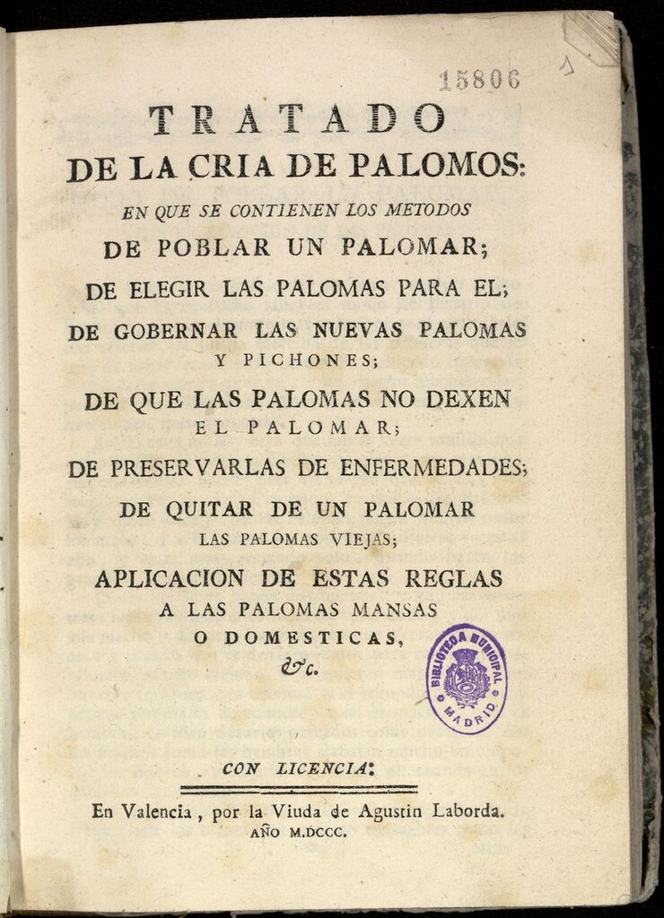 Miniatura de Tratado de la cría de palomo: en que se contienen los métodos de poblar un palomar... de preservarlas de enfermedades ... aplicación de estas reglas a las palomas mansas o domesticas, etc.