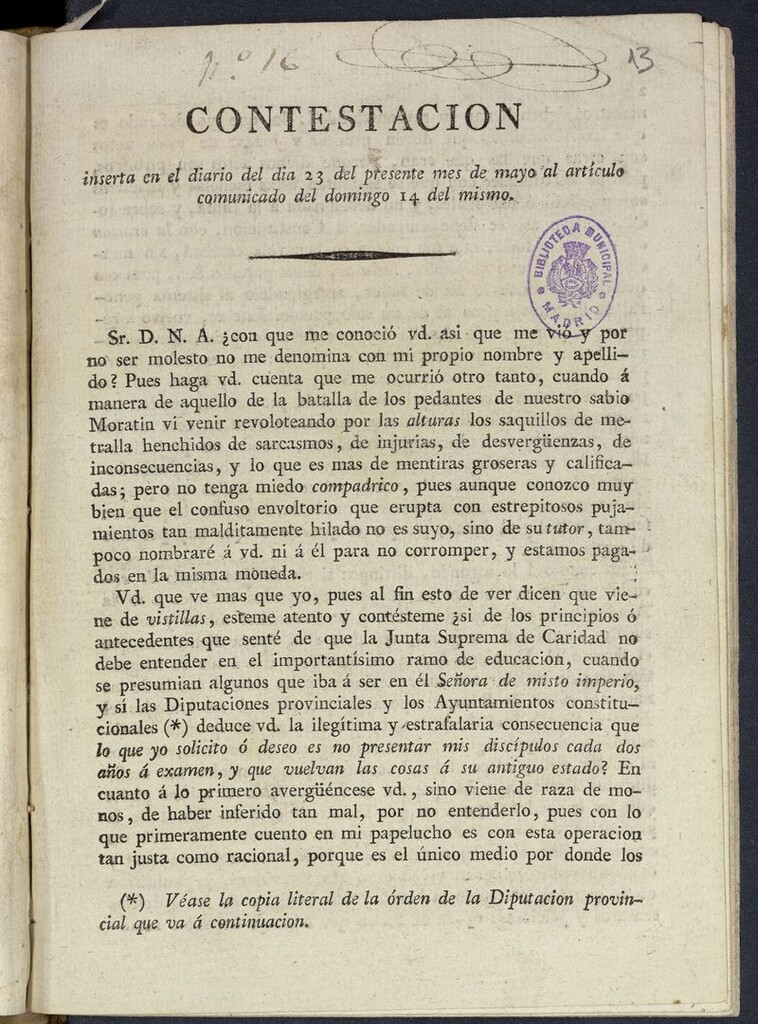 Miniatura de Contestacion inserta en el diario del dia 23 del presente mes de mayo al artículo comunicado del domingo 14 del mismo