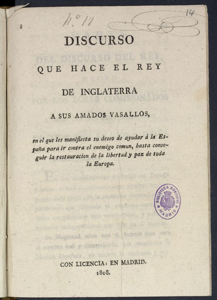 Miniatura de Discurso que hace el rey de Inglaterra a sus amados vasallos, en el que manifiesta su deseo de ayudar á la España para ir contra el enemigo comun, hasta conseguir la restauracion de lal libertad y paz de toda la Europa