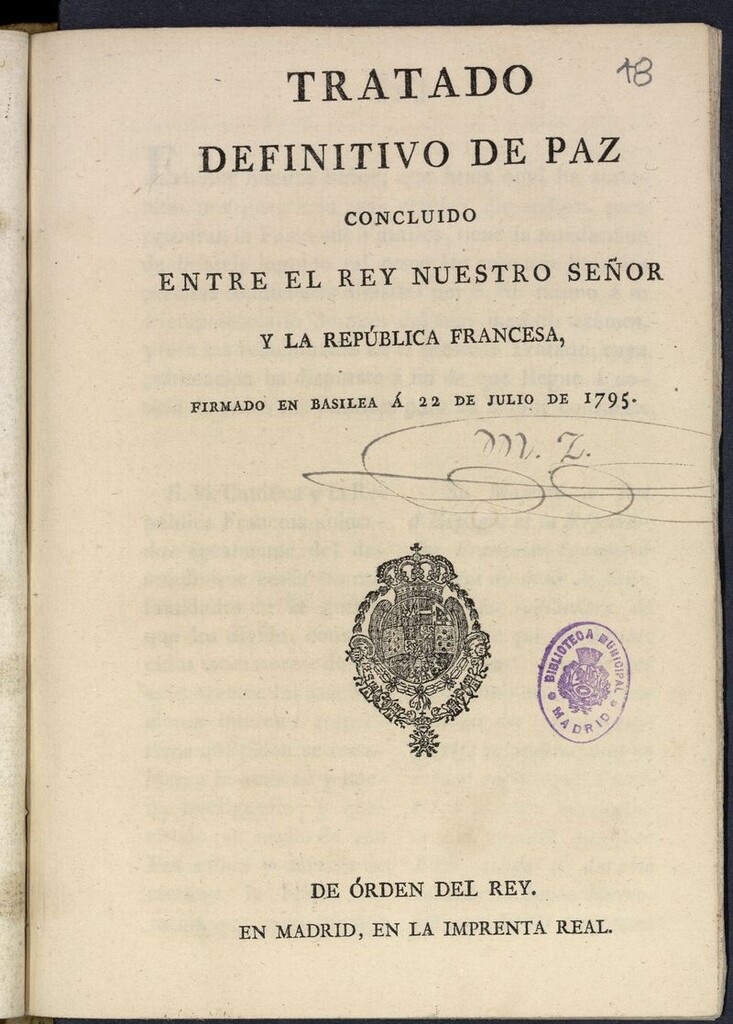 Miniatura de Tratado definitivo de paz concluido entre el Rey Nuestro Señor y la República Francesa, firmado en Basilea á 22 de Julio de 1795