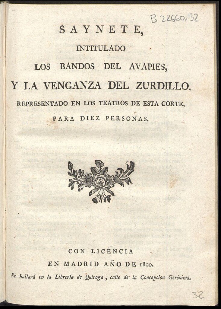 Miniatura de Saynete intitulado Los bandos del Avapiés, y la venganza del zurdillo