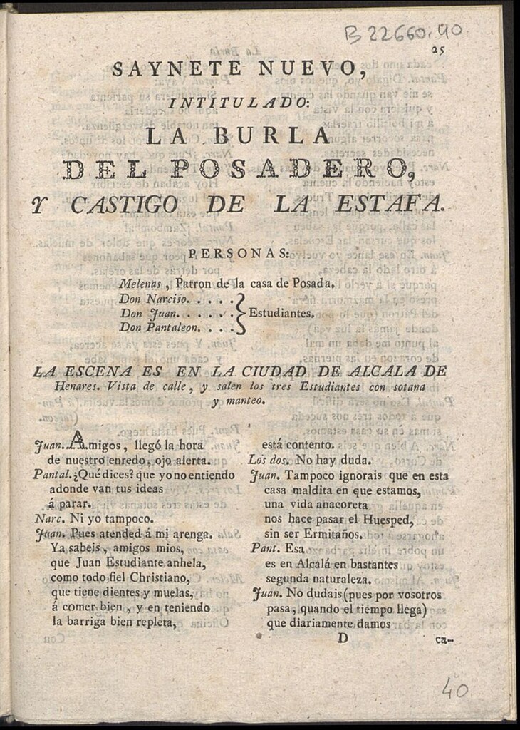 Miniatura de Saynete nuevo intitulado La burla del posadero, y castigo de la estafa