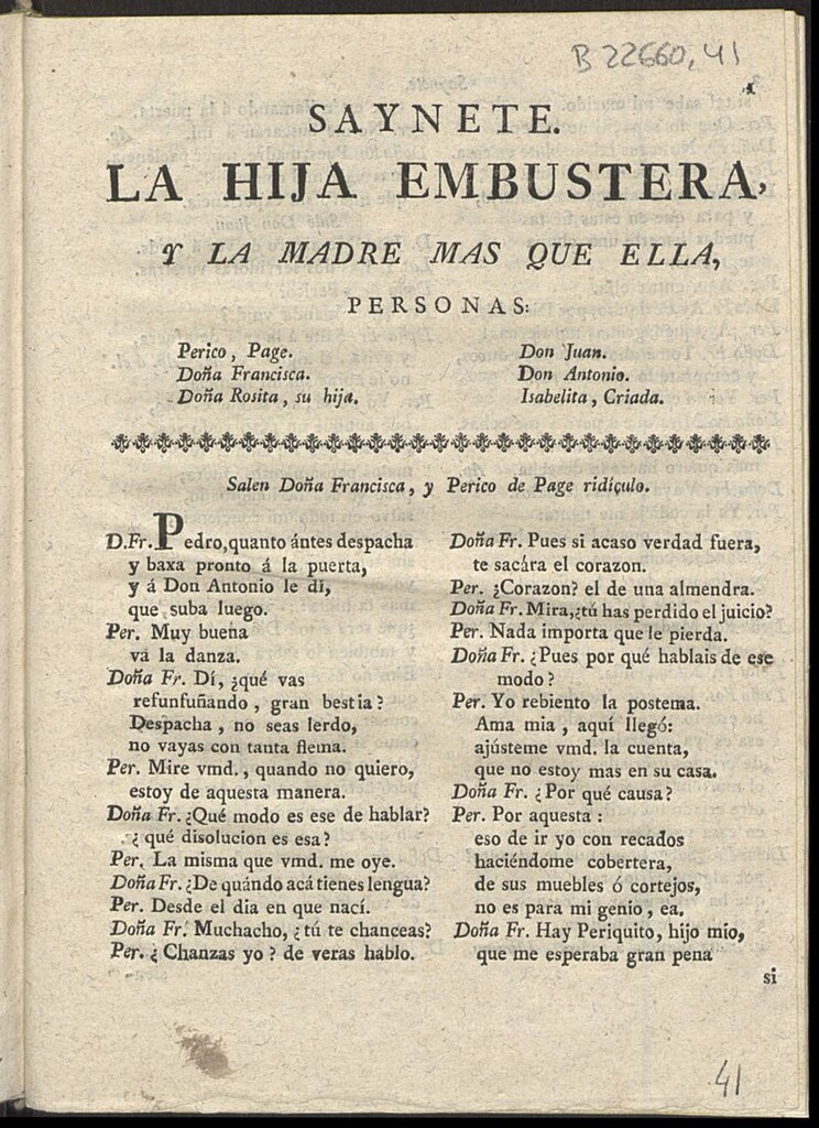 Miniatura de Saynete intitulado La hija embustera, y la madre más que ella