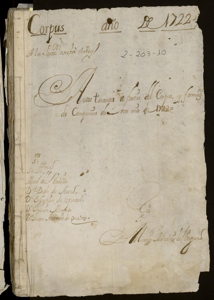 Miniatura de Autos tocante a fiestas del Corpus y formacion de compañías de este año 1722