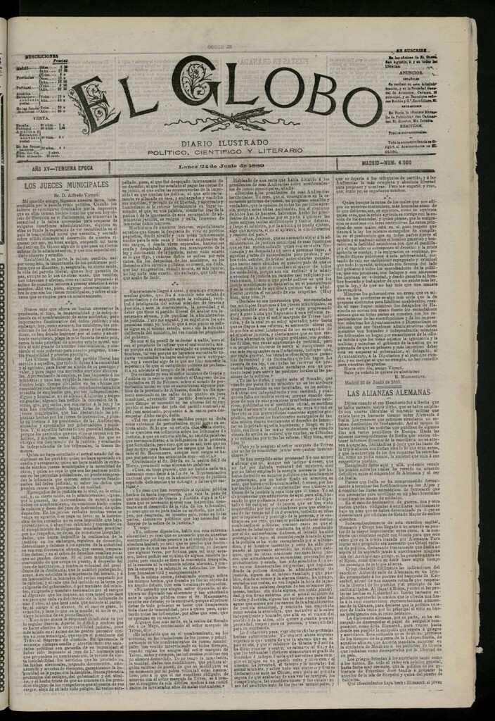 Miniatura de El Globo : diario ilustrado del 24 de junio de 1889, nº 4980