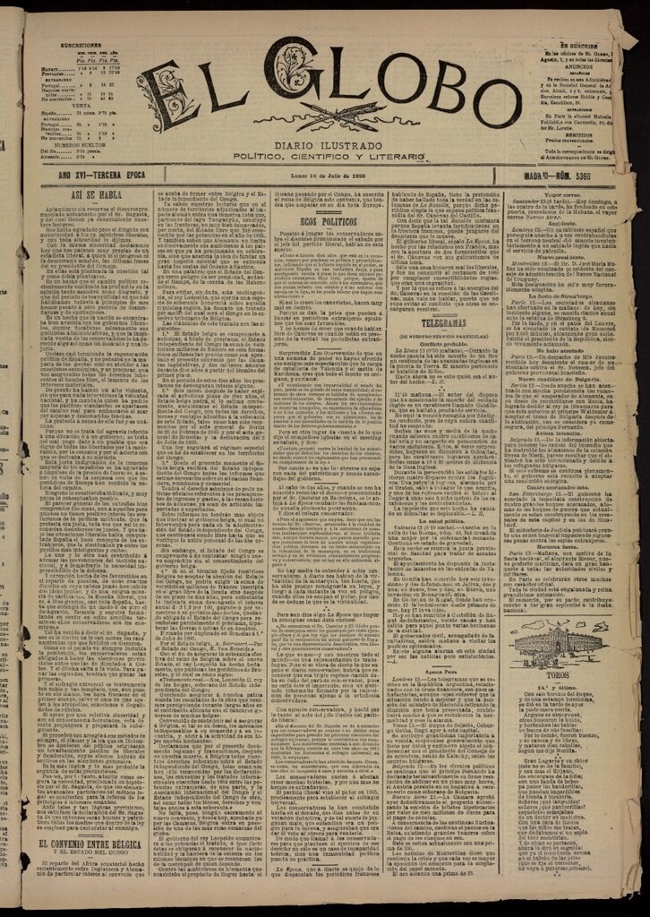 Miniatura de El Globo : diario ilustrado del 14 de julio de 1890, nº 5366