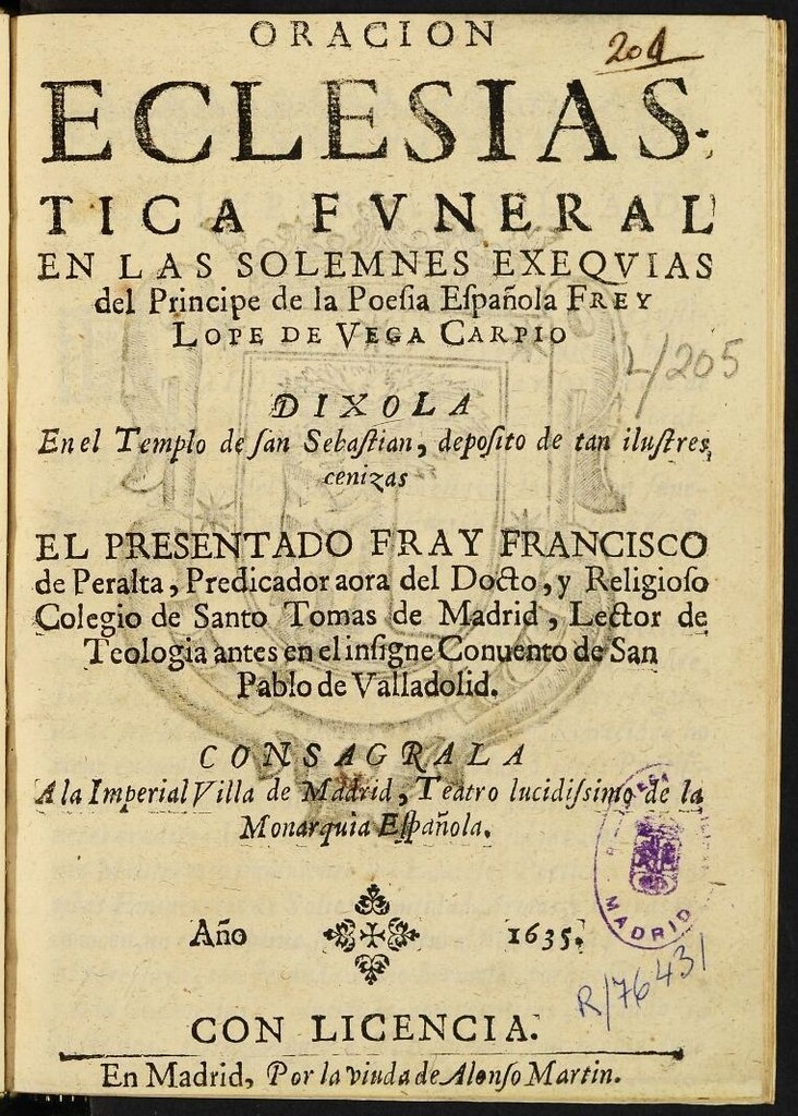 Miniatura de Oración eclesiastica funeral en las solemnes exequias del principe de la poesia española frey Lope de Vega Carpio