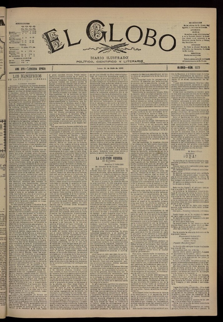 Miniatura de El Globo : diario ilustrado del 21 de julio de 1890, nº 5373