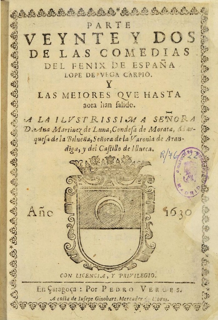 Miniatura de Parte veynte y dos de las Comedias del fenix de España Lope de Vega Carpio, y las meiores que hasta aora han salido...