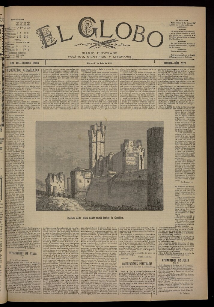 Miniatura de El Globo : diario ilustrado del 25 de julio de 1890, nº 5377