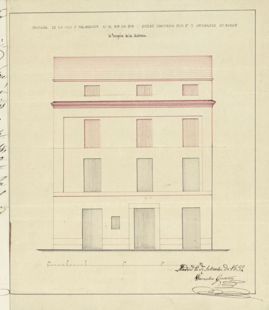 Miniatura de Licencia a D. Gregorio de la Morena, para levantar piso 2º y sotabanco calle del Soldado, nº 15, manzana 309