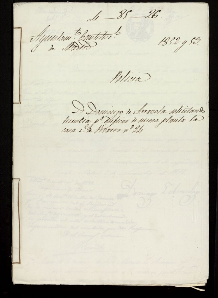 Miniatura de Licencia a D. Domingo Arrazola, para construir en calle de Pizarro, nº 24, manzana 461